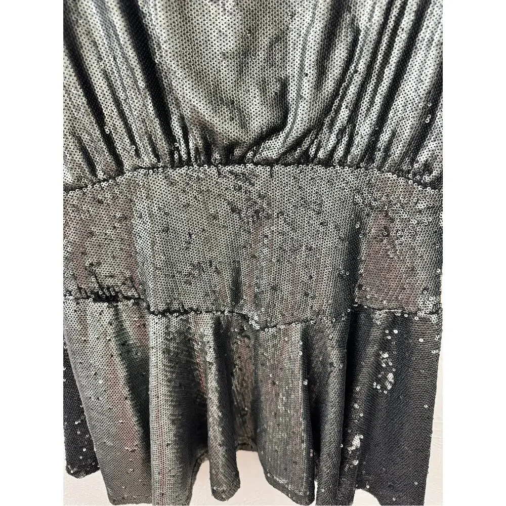 Free People Sequin Mini Dress Size Medium Silver Black Batwing Flawed AS-IS